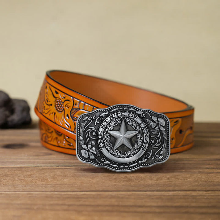 Cintura in pelle fai da te da uomo con fibbia a cinque stelle dello stato del Texas - Argento antico - Cintura intagliata arancione (40) - image 11
