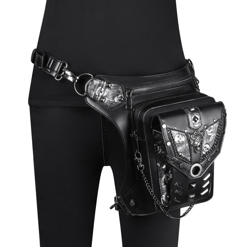 Borsa da gamba con catena Steampunk e decorazione a borchie con teschio - Nero - image 0