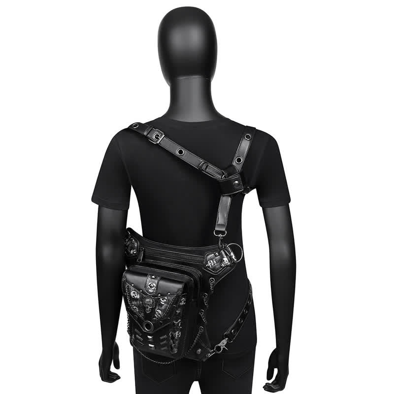 Borsa da gamba con catena Steampunk e decorazione a borchie con teschio - image 10