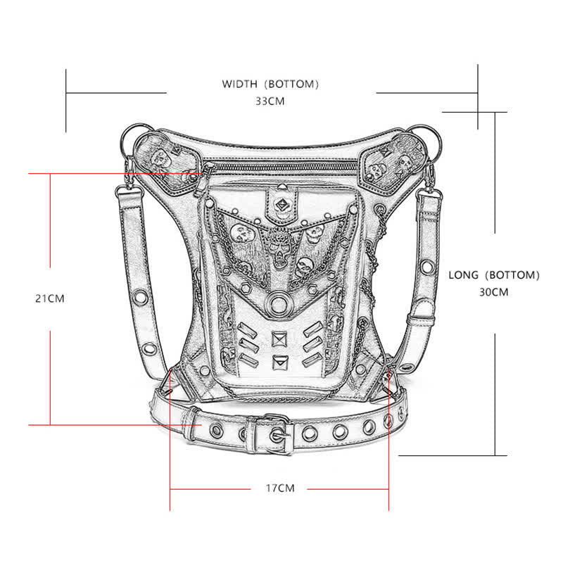 Borsa da gamba con catena Steampunk e decorazione a borchie con teschio