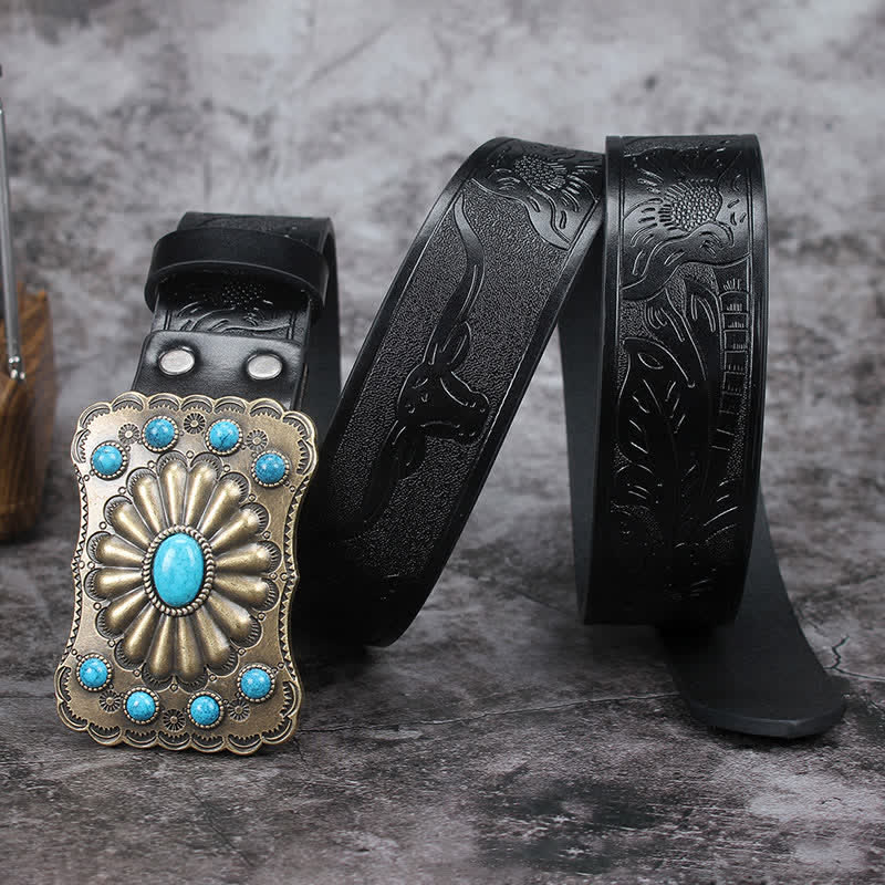 Cintura in pelle con decorazioni in pietra turchese western da uomo - Nero - 42 - image 6