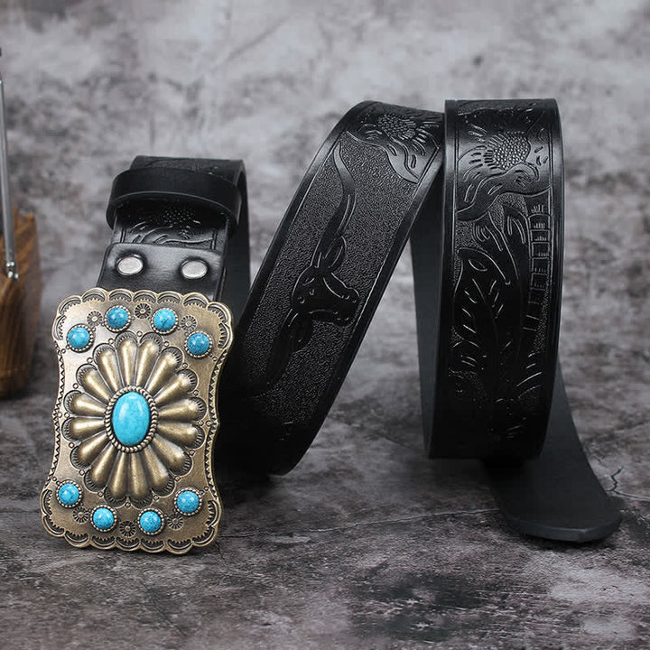Cintura in pelle con decorazioni in pietra turchese western da uomo - Nero - 42 - image 6