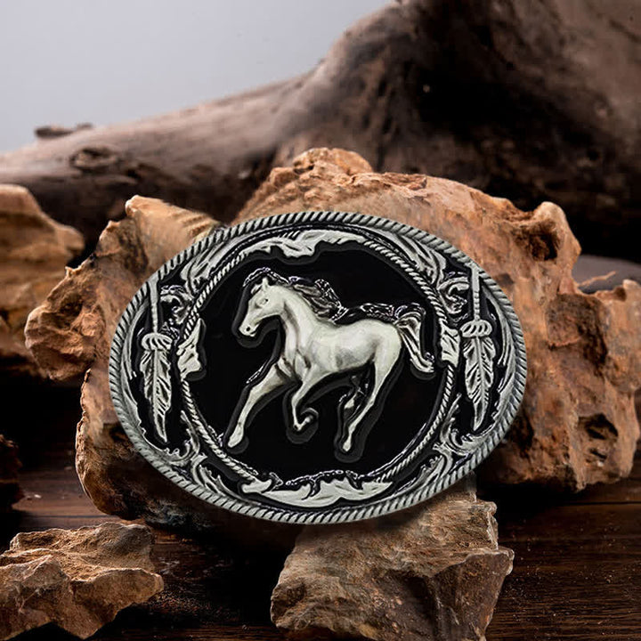 Cintura in pelle fai da te da uomo con fibbia a forma di cavallo da corsa nero argento
