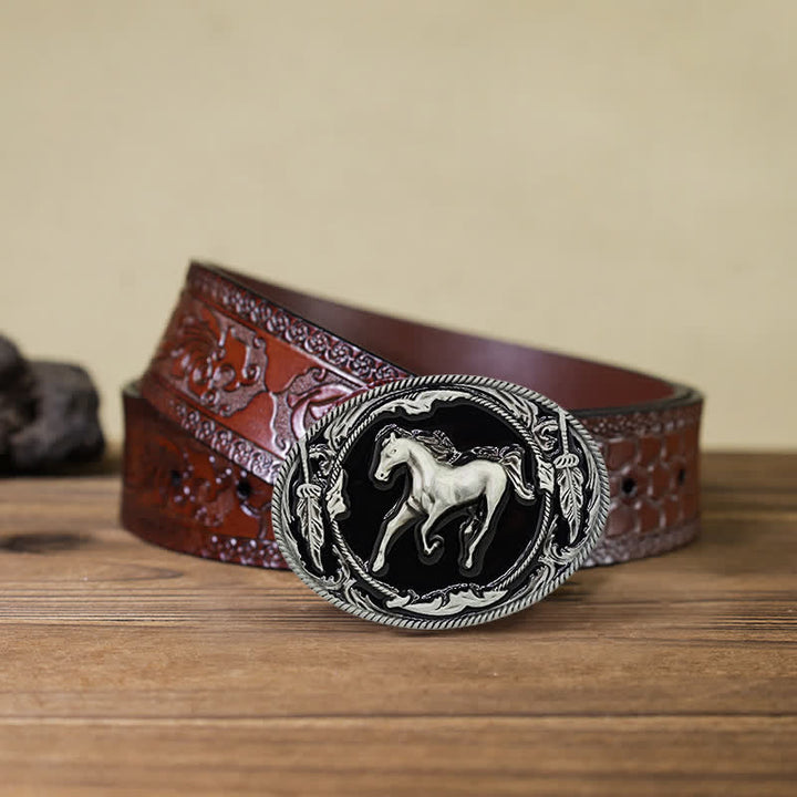 Cintura in pelle fai da te da uomo con fibbia a forma di cavallo da corsa nero argento