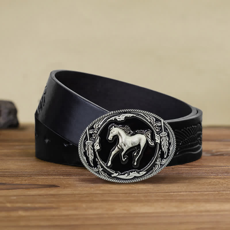 Cintura in pelle fai da te da uomo con fibbia a forma di cavallo da corsa nero argento