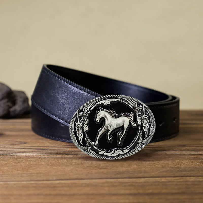 Cintura in pelle fai da te da uomo con fibbia a forma di cavallo da corsa nero argento