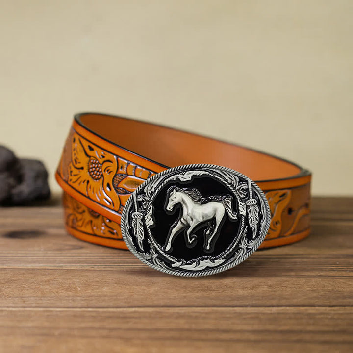 Cintura in pelle fai da te da uomo con fibbia a forma di cavallo da corsa nero argento
