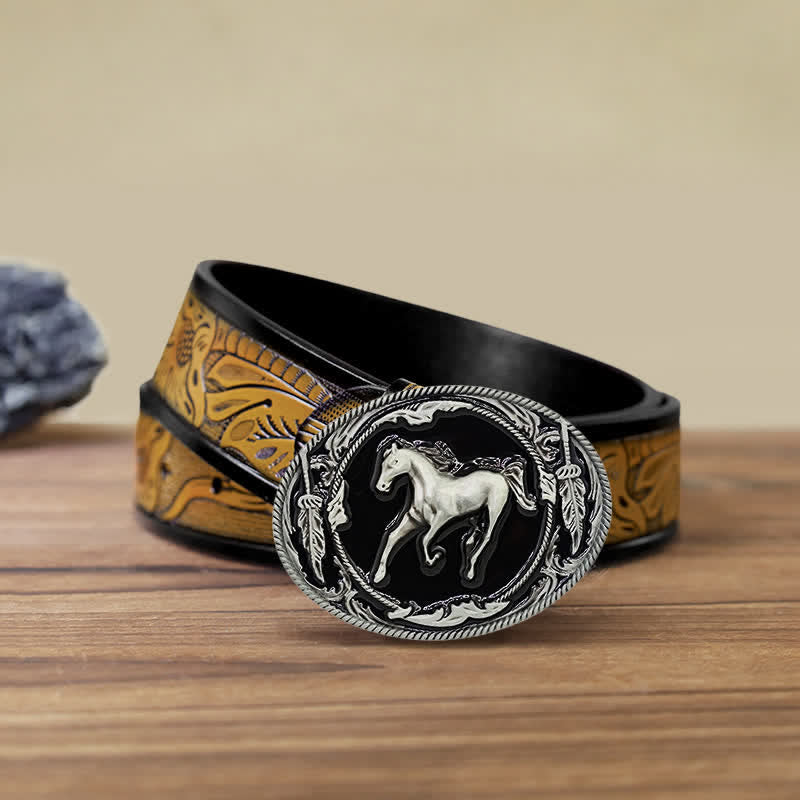 Cintura in pelle fai da te da uomo con fibbia a forma di cavallo da corsa nero argento