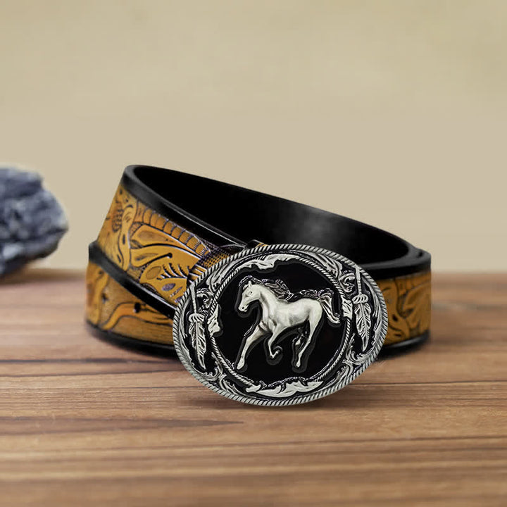 Cintura in pelle fai da te da uomo con fibbia a forma di cavallo da corsa nero argento