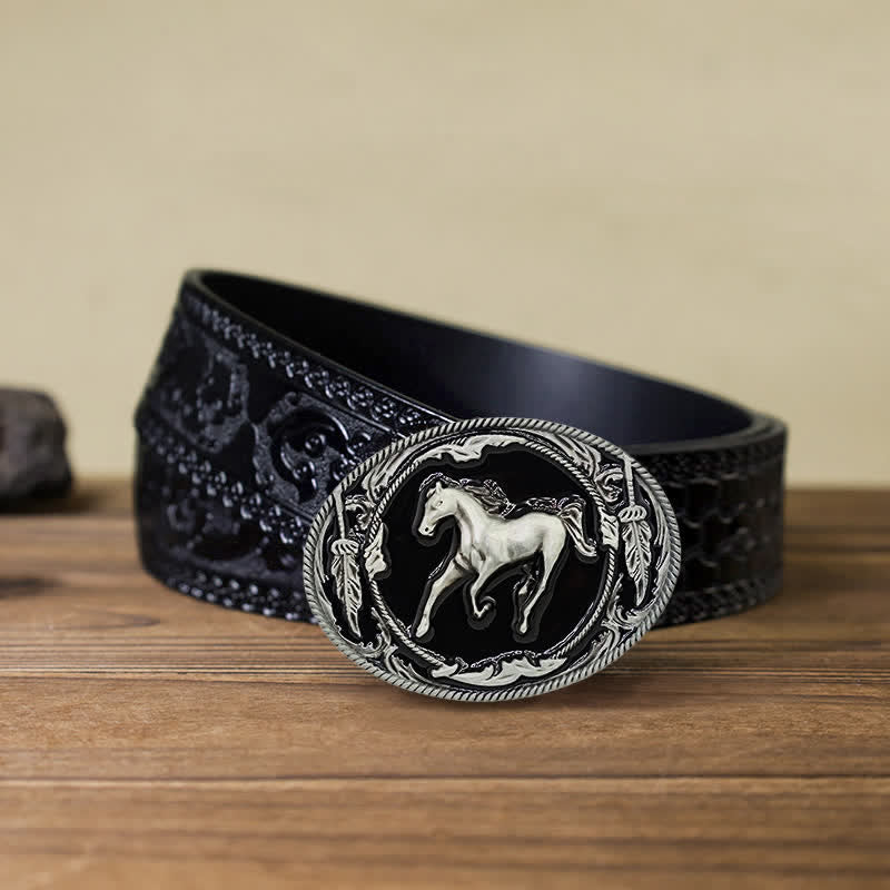 Cintura in pelle fai da te da uomo con fibbia a forma di cavallo da corsa nero argento
