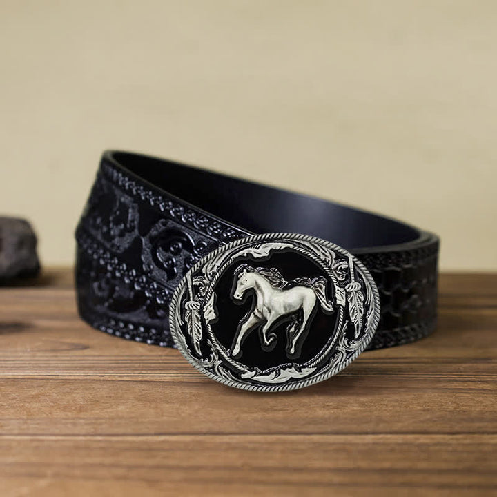 Cintura in pelle fai da te da uomo con fibbia a forma di cavallo da corsa nero argento
