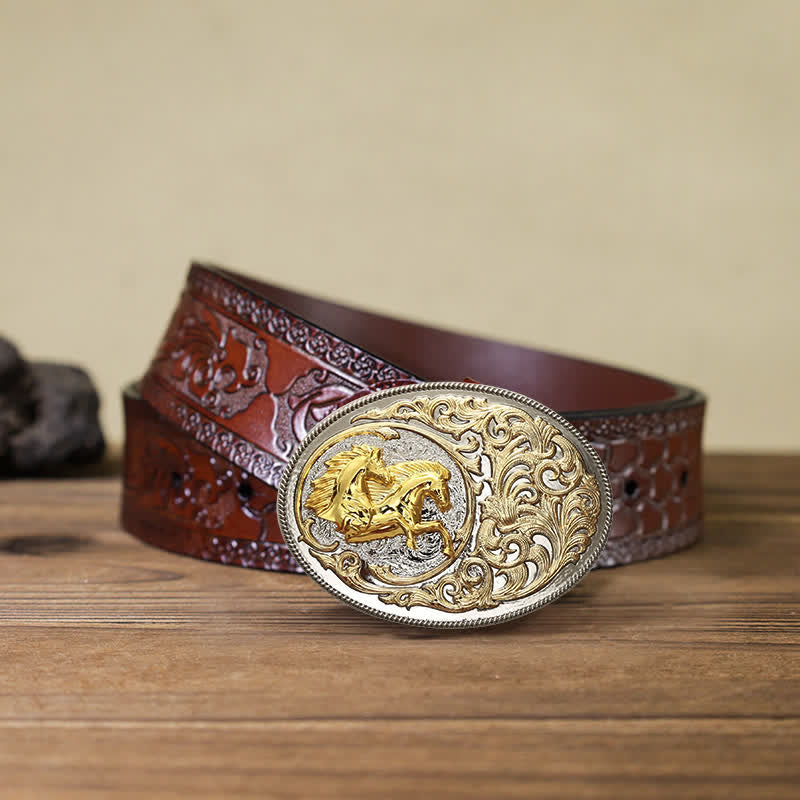 Cintura in pelle con fibbia a testa di cavallo dorata di lusso fai da te da uomo - Cavalli - Cintura marrone intagliata (40) - image 9
