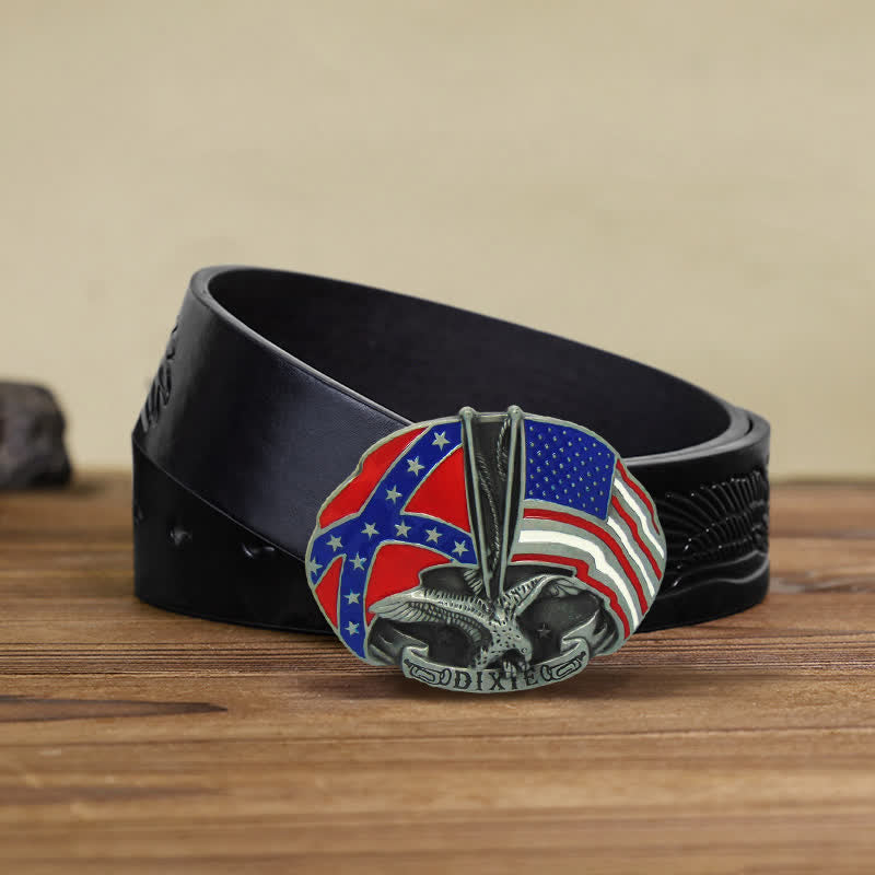 Cintura in pelle con fibbia Dixie con doppia bandiera e aquila fai da te da uomo