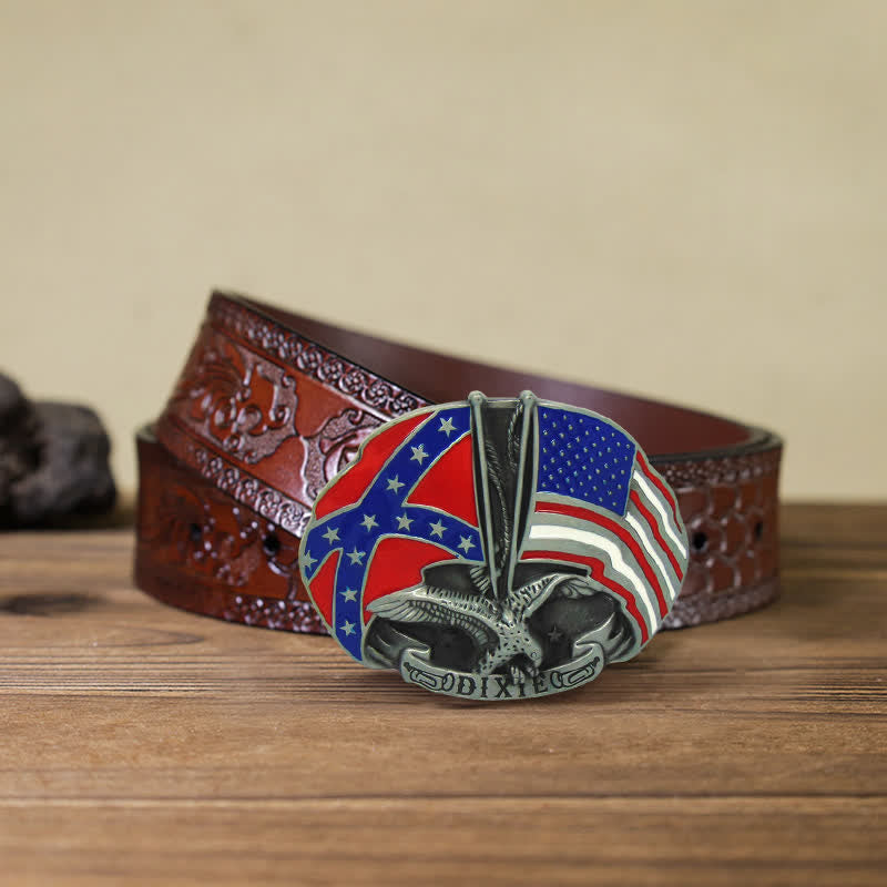 Cintura in pelle con fibbia Dixie con doppia bandiera e aquila fai da te da uomo