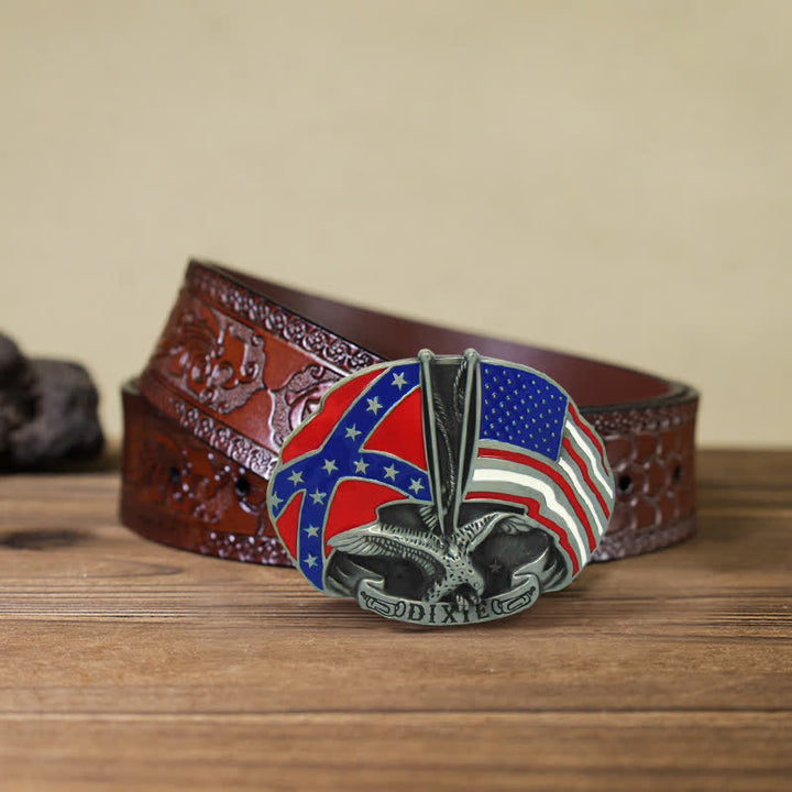 Cintura in pelle con fibbia Dixie con doppia bandiera e aquila fai da te da uomo