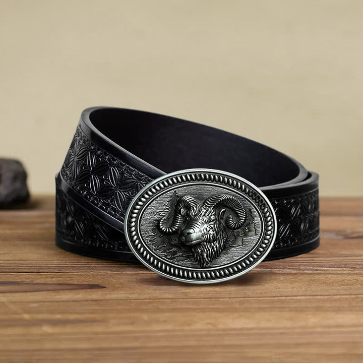 Cintura in pelle con fibbia western fai da te con testa di capra di ariete da uomo - Ariete - Cintura in tessuto goffrato nero (38) - image 5