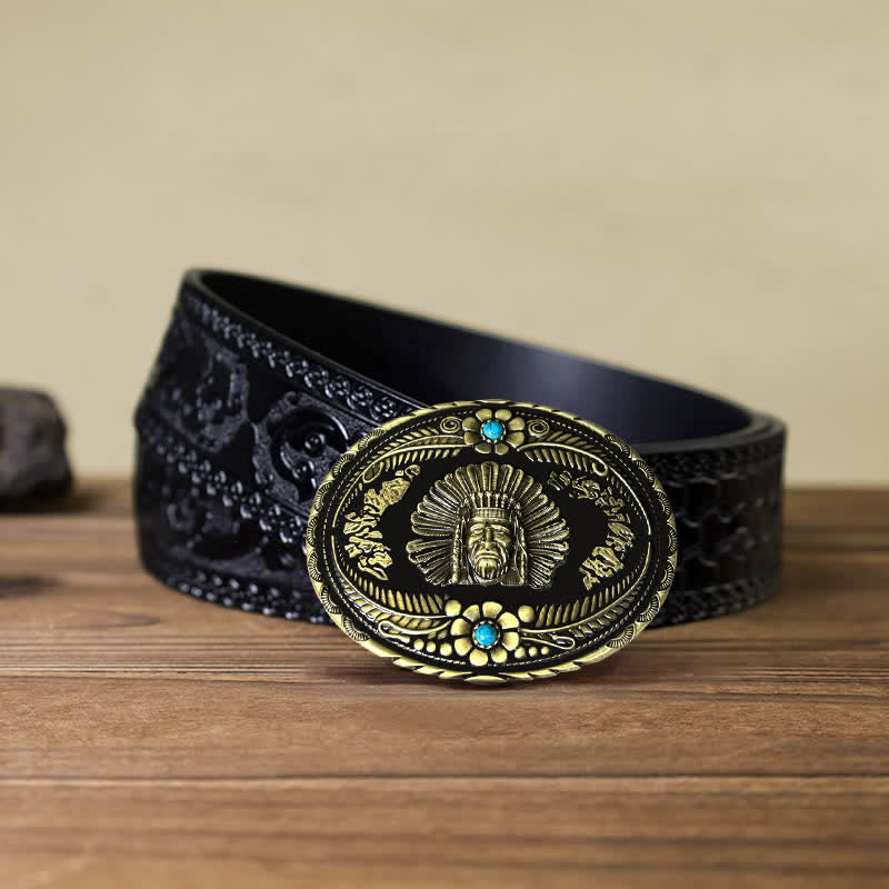 Cintura in pelle con fibbia turchese da capo indiano fai da te da uomo - Bronzo - Cintura nera intagliata (40) - image 6