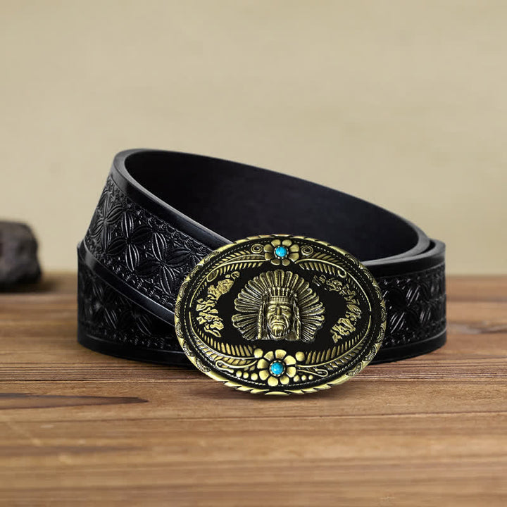 Cintura in pelle con fibbia turchese da capo indiano fai da te da uomo - Bronzo - Cintura in tessuto goffrato nero (38) - image 5