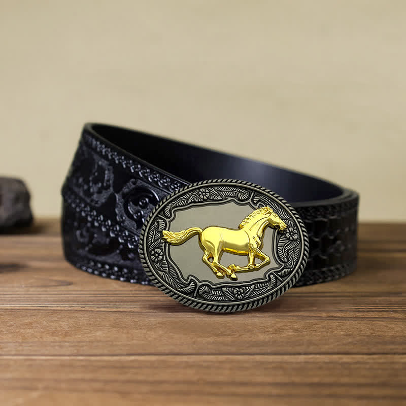 Cintura in pelle con fibbia a forma di animale, cavallo, toro, fai da te, da uomo - Cavallo - Cintura nera intagliata (40) - image 5