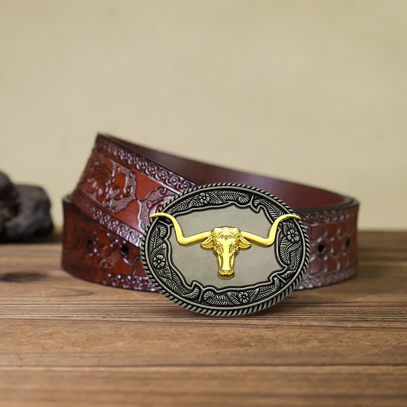 Cintura in pelle con fibbia a forma di animale, cavallo, toro, fai da te, da uomo - Toro - Cintura marrone intagliata (40) - image 14