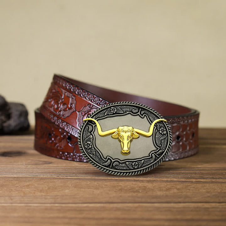 Cintura in pelle con fibbia a forma di animale, cavallo, toro, fai da te, da uomo - Toro - Cintura marrone intagliata (40) - image 14