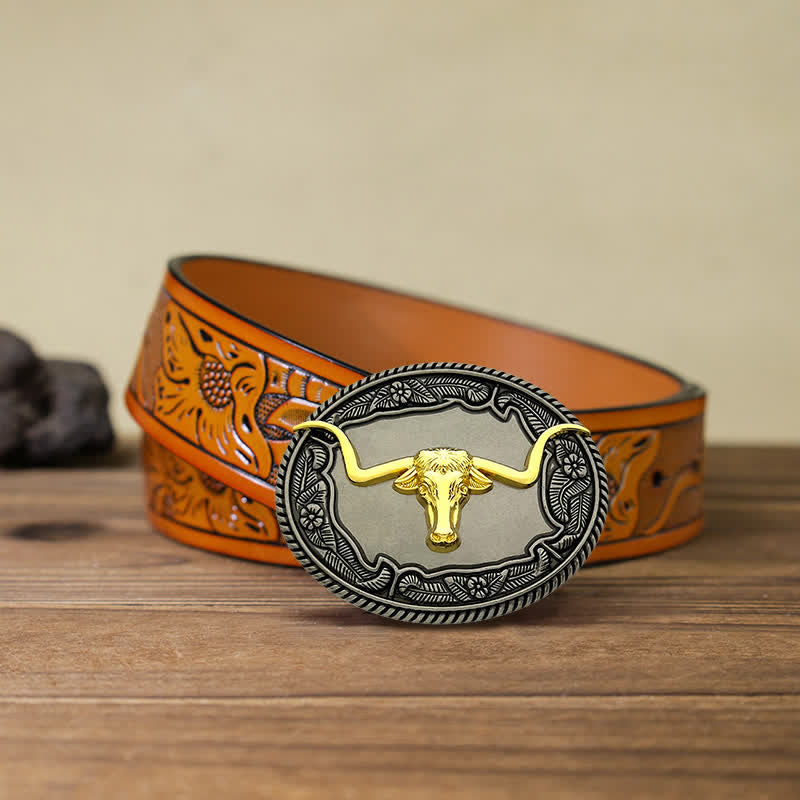 Cintura in pelle con fibbia a forma di animale, cavallo, toro, fai da te, da uomo - Toro - Cintura intagliata arancione (40) - image 16