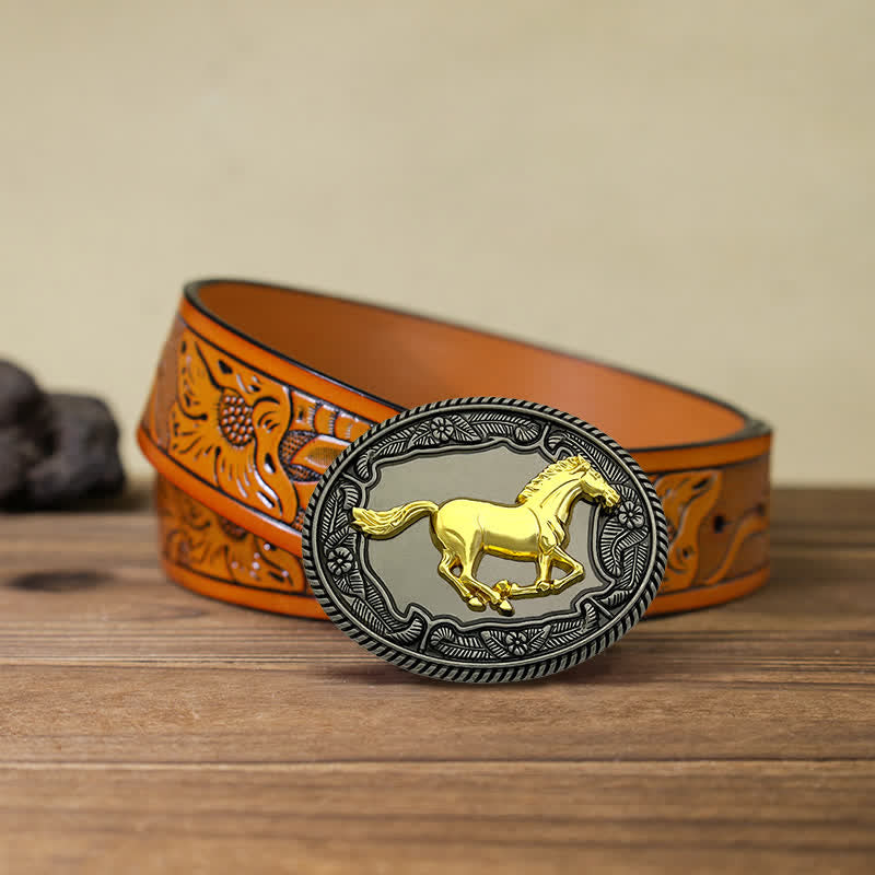 Cintura in pelle con fibbia a forma di animale, cavallo, toro, fai da te, da uomo - Cavallo - Cintura intagliata arancione (40) - image 8