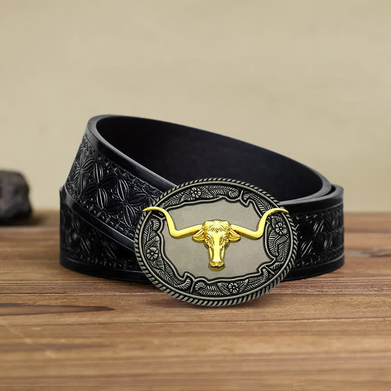 Cintura in pelle con fibbia a forma di animale, cavallo, toro, fai da te, da uomo - Toro - Cintura in tessuto goffrato nero (38) - image 12