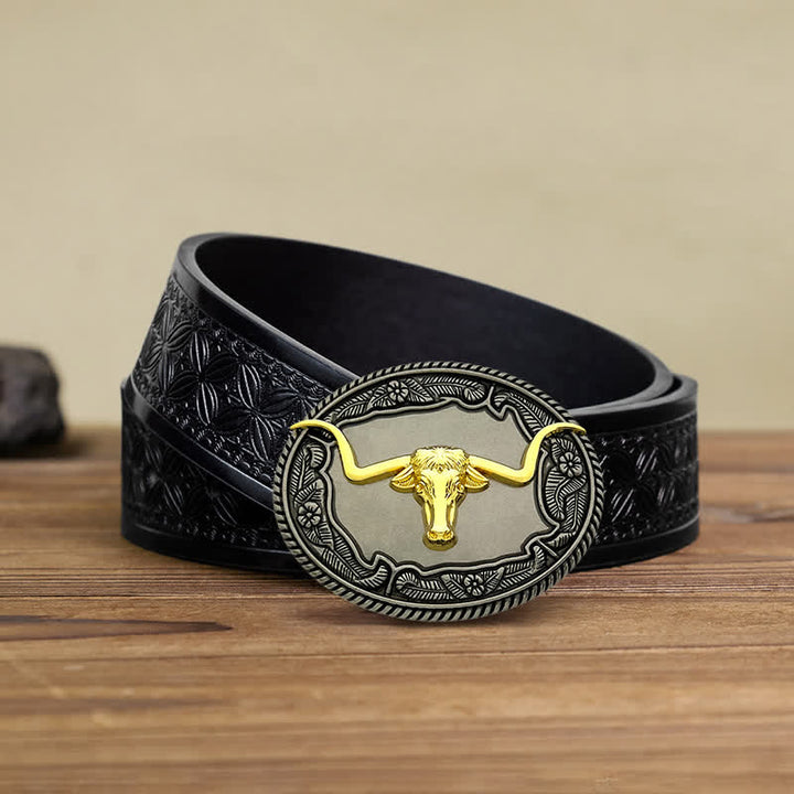 Cintura in pelle con fibbia a forma di animale, cavallo, toro, fai da te, da uomo - Toro - Cintura in tessuto goffrato nero (38) - image 12