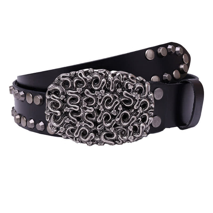 Cintura da uomo in pelle con fibbia liscia e rivetti a forma di serpente