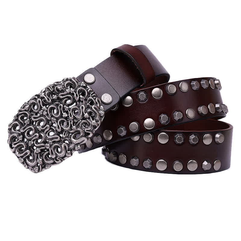 Cintura da uomo in pelle con fibbia liscia e rivetti a forma di serpente - Caffè - 44 - image 7