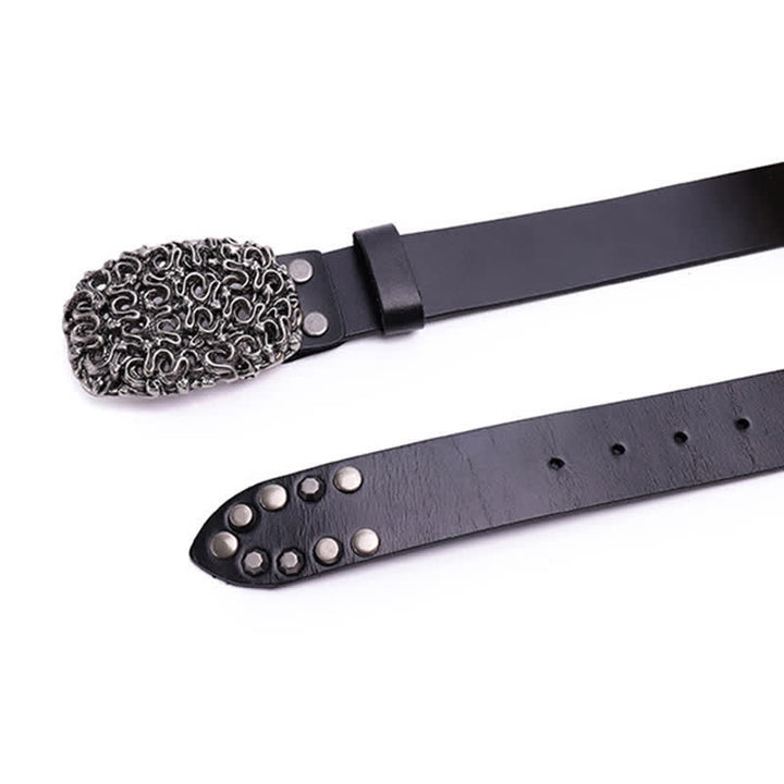 Cintura da uomo in pelle con fibbia liscia e rivetti a forma di serpente