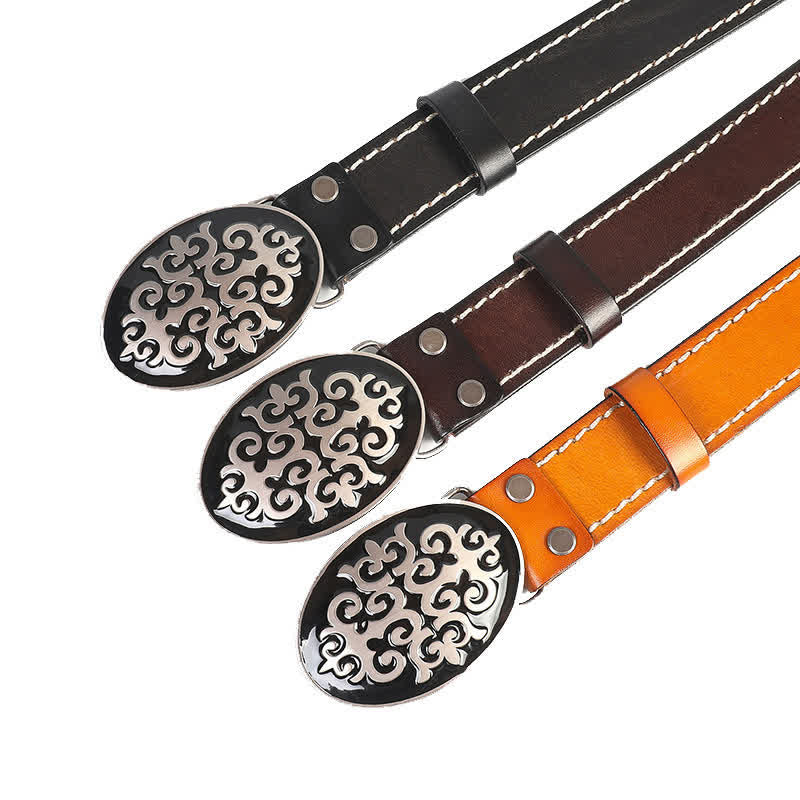 Cintura da uomo in pelle con rivetti etnici con testa di leone e fiori intagliati - image 1