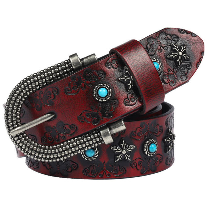 Cintura da uomo in pelle con intarsio turchese e intaglio a farfalla - Rosso - 44 - image 4