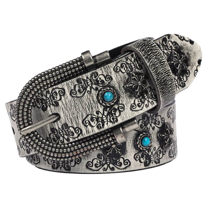 Cintura da uomo in pelle con intarsio turchese e intaglio a farfalla - Grigio - 44 - image 9
