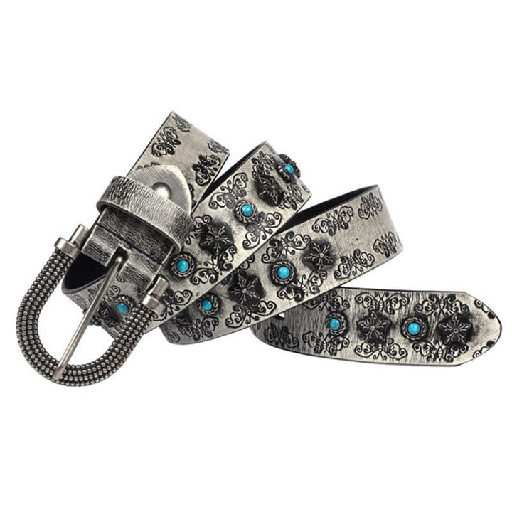 Cintura da uomo in pelle con rivetti, intaglio a farfalla e intarsio turchese - image 11