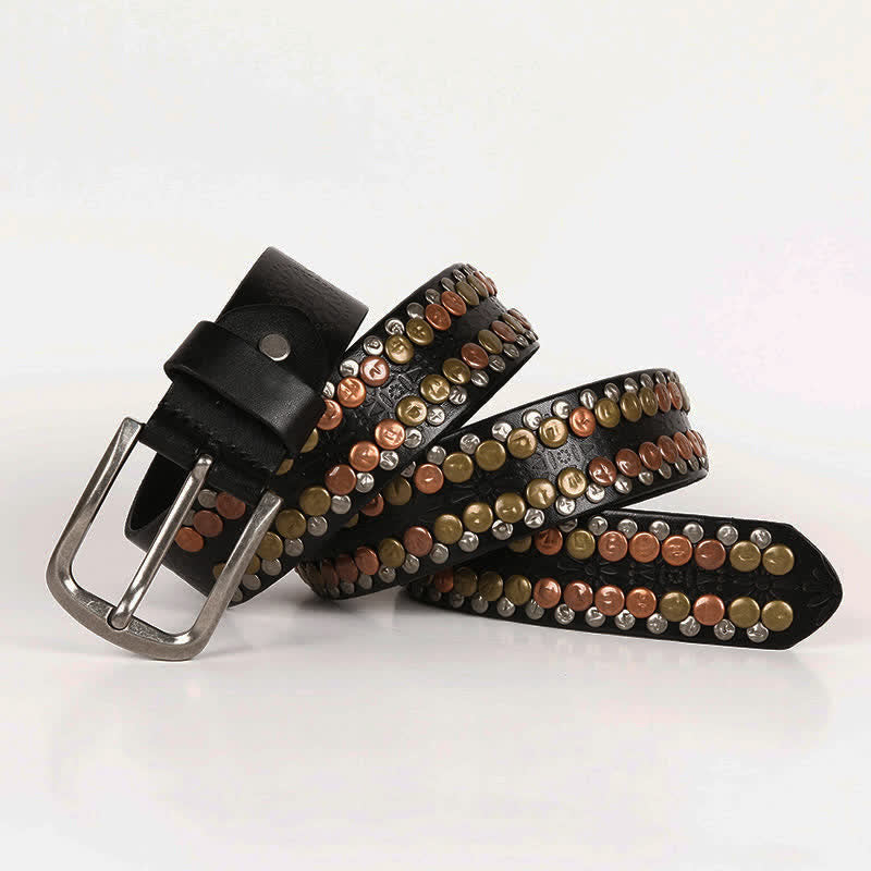 Cintura da uomo in pelle con borchie e bottoni multicolori