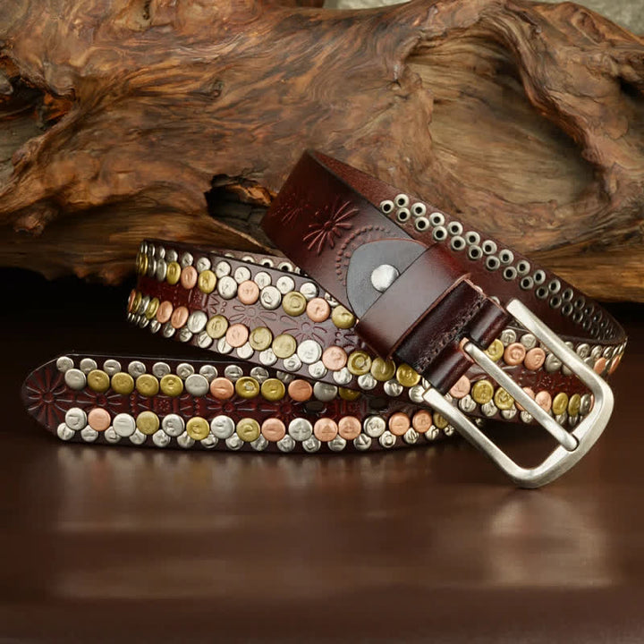 Cintura da uomo in pelle con borchie e bottoni multicolori