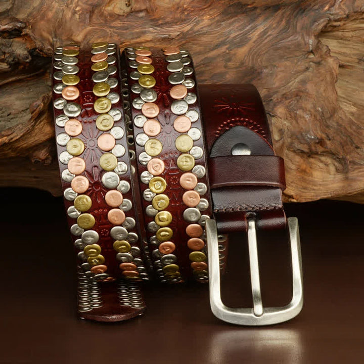 Cintura da uomo in pelle con borchie e bottoni multicolori