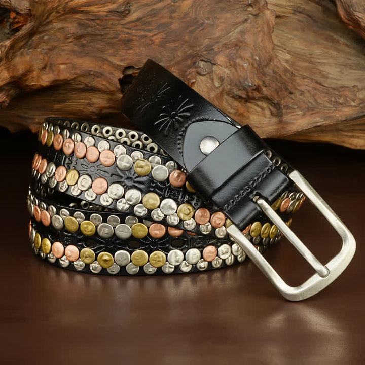 Cintura da uomo in pelle con borchie e bottoni multicolori