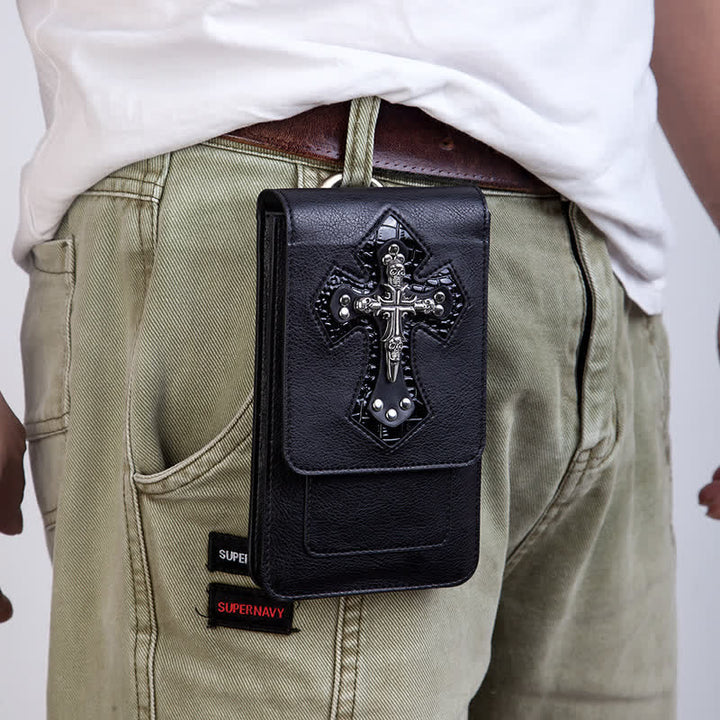 Borsa da cintura in pelle con teschio nero punk e croce