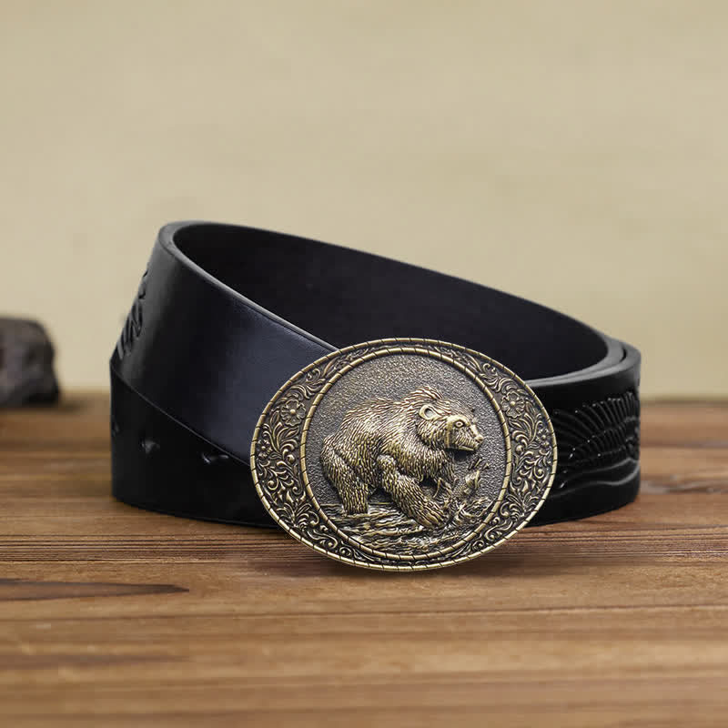 Cintura in pelle fai da te con fibbia a forma di toro e orso selvatico da uomo
