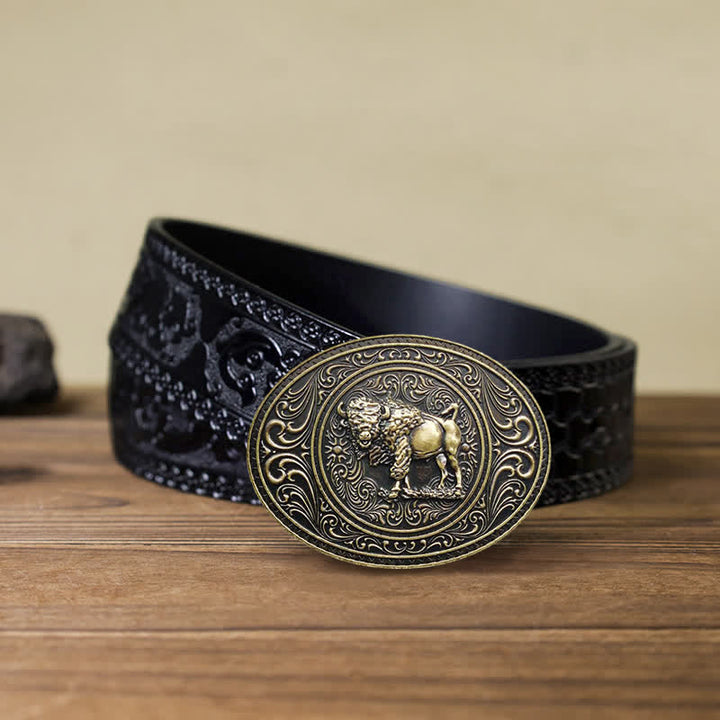 Cintura in pelle fai da te con fibbia a forma di toro e orso selvatico da uomo