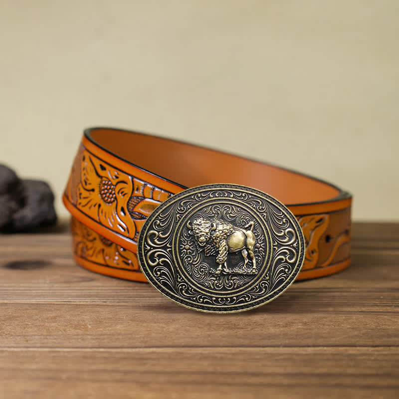 Cintura in pelle fai da te con fibbia a forma di toro e orso selvatico da uomo