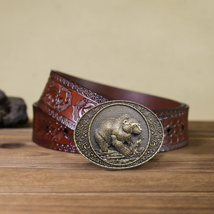 Cintura in pelle fai da te con fibbia a forma di toro e orso selvatico da uomo