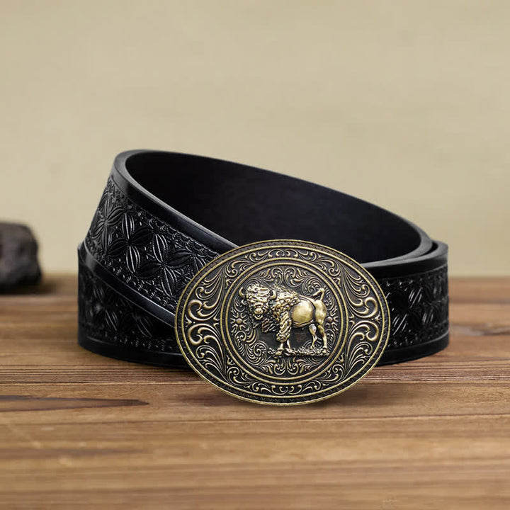 Cintura in pelle fai da te con fibbia a forma di toro e orso selvatico da uomo - Toro - Cintura in tessuto goffrato nero (38) - image 15