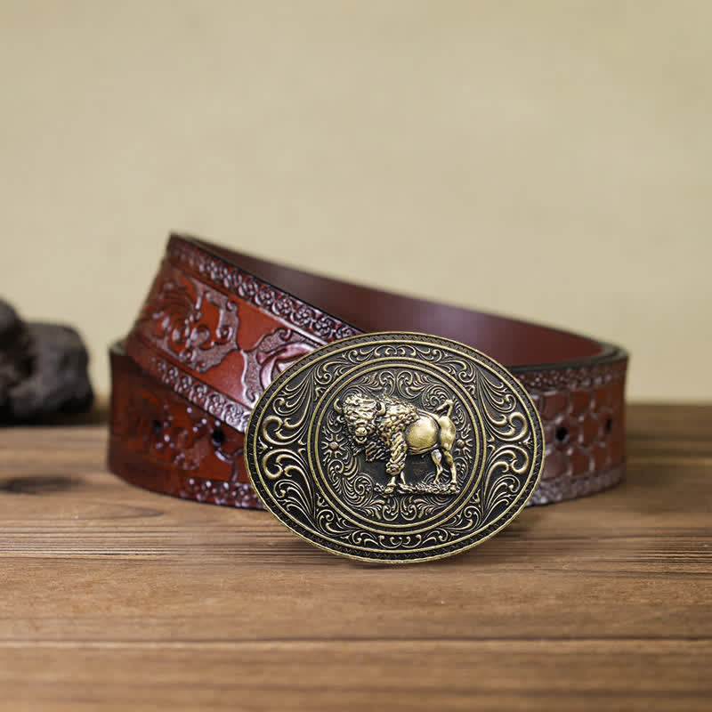 Cintura in pelle fai da te con fibbia a forma di toro e orso selvatico da uomo