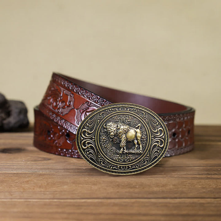 Cintura in pelle fai da te con fibbia a forma di toro e orso selvatico da uomo