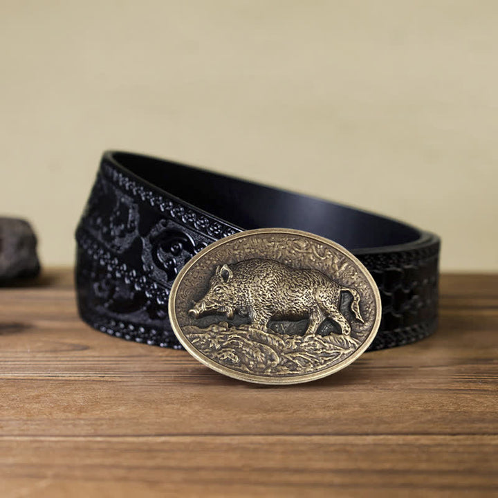 Cintura in pelle con fibbia a forma di cinghiale fai da te da uomo - Bronzo antico - Cintura nera intagliata (40) - image 8