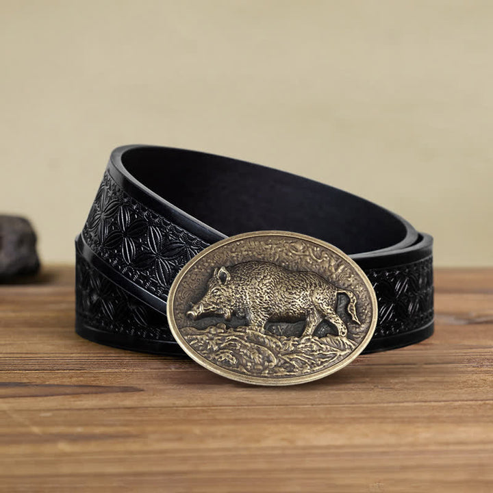 Cintura in pelle con fibbia a forma di cinghiale fai da te da uomo - Bronzo antico - Cintura in tessuto goffrato nero (38) - image 7